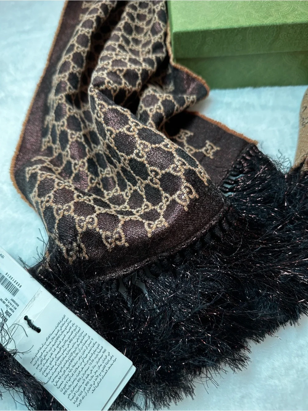 Gucci Brown & Tan GG Logo Scarf with brown Fringe